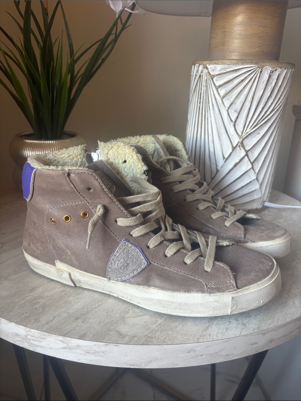 Philippe Model Taupe Suede High-Top Sneakers with Purple Heel Tab